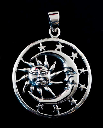 Pendentif lune soleil étoiles – bijou ethnique astral en argent massif 925