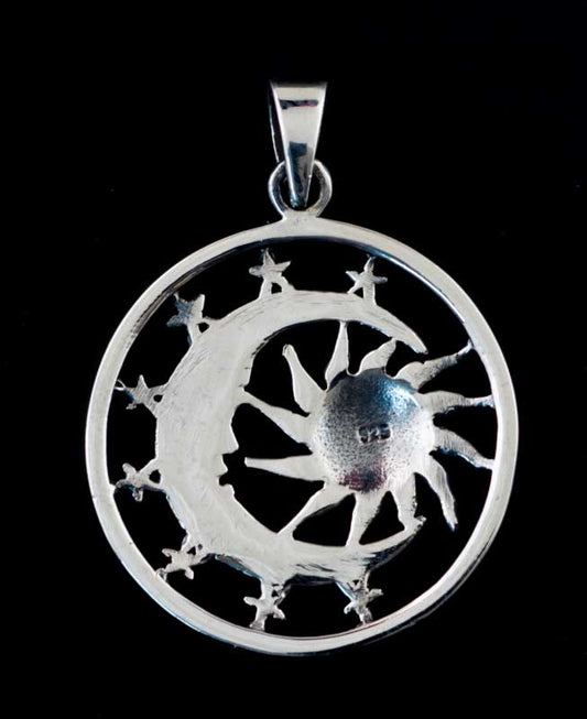Pendentif lune soleil étoiles – bijou ethnique astral en argent massif 925