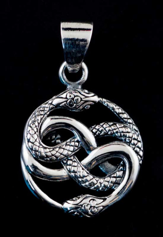 Pendentif tibétain Ouroboros et nœud infini bouddhiste en argent massif 925