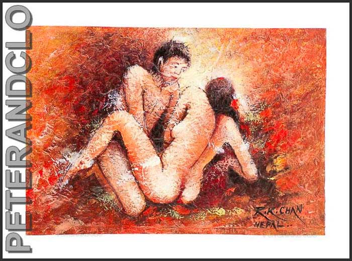 Peinture Érotique Couple Nu – Œuvre Unique Népalaise Signée