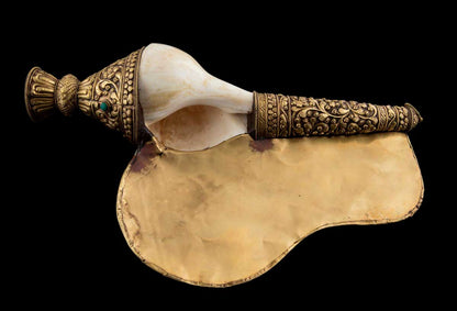 Grande Conque Bouddhiste Tibétaine Shanka – Coquillage Orné en Métal du Népal