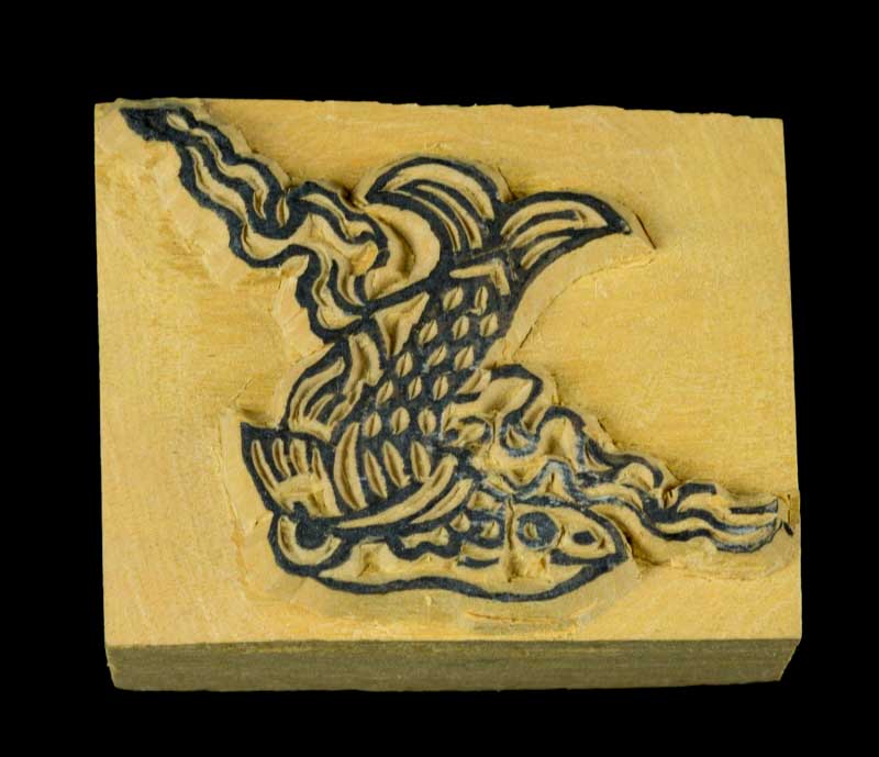 Tampon Encreur En Bois Sculpté Poissons Bouddhistes Tibétains