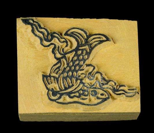 Tampon Encreur En Bois Sculpté Poissons Bouddhistes Tibétains