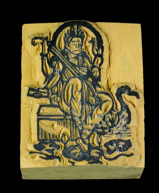 Tampon Encreur En Bois Sculpté Déité Saraswati Hindouiste Et Bouddhiste