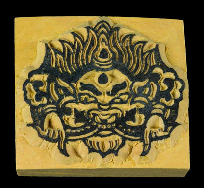 Tampon Encreur En Bois Sculpté Divinité Mahakala Bouddhiste Tibétain