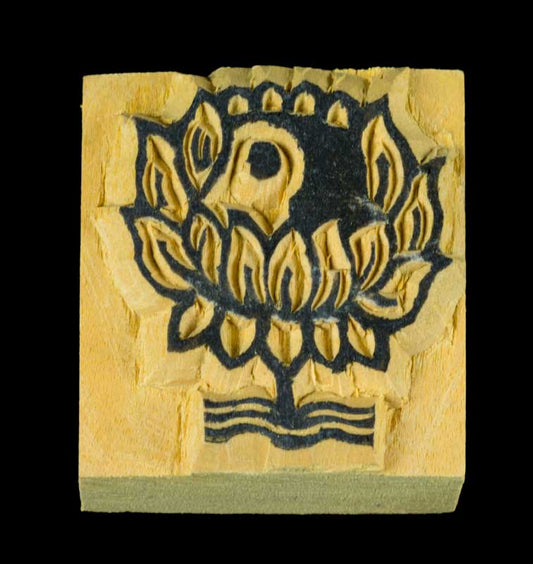 Tampon Encreur En Bois Sculpté Fleur De Lotus Bouddhiste Tibétain
