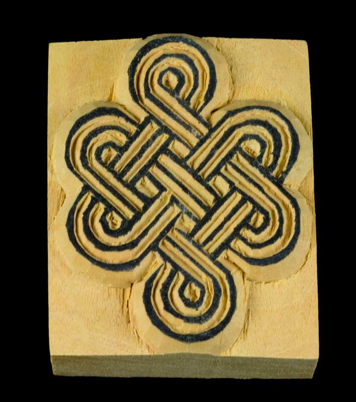 Tampon Encreur En Bois Sculpté Nœud Infini Bouddhiste Tibétain