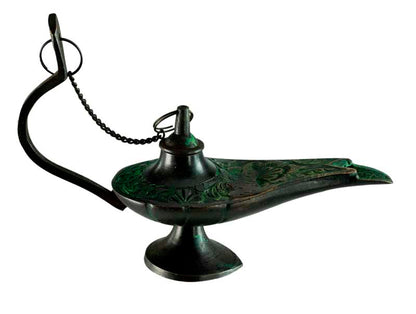 Lampe d’Aladin en Laiton 13,2 cm – Patine Brune et Verte – Artisanat Indien