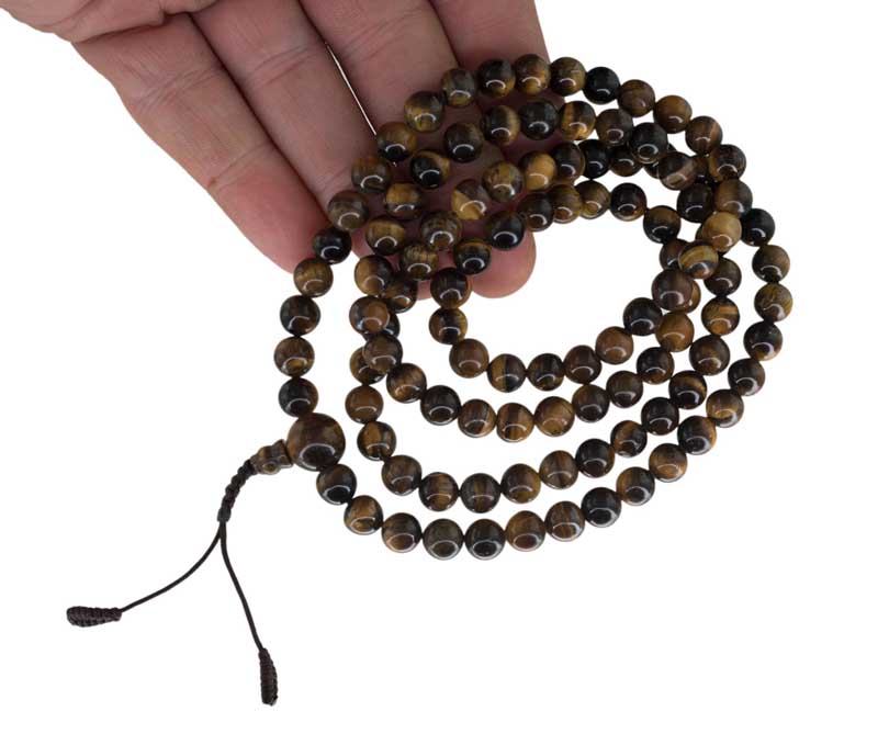 Collier Mala Tibétain en Pierre Œil de Tigre Naturel – 108 Perles 8 mm