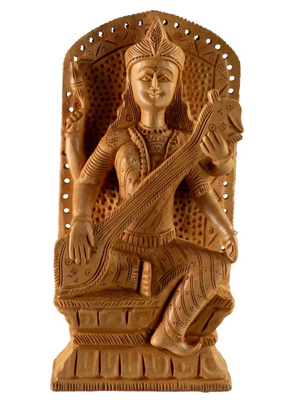 Statuette Saraswati en Bois – Déesse Hindoue de la Sagesse et du Savoir
