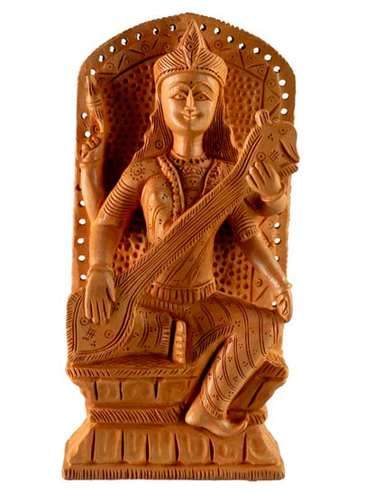 Statuette Saraswati en Bois – Déesse Hindoue de la Sagesse et du Savoir