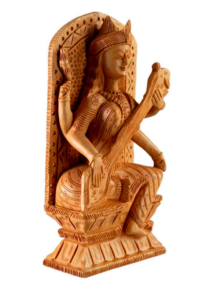 Statuette Saraswati en Bois – Déesse Hindoue de la Sagesse et du Savoir