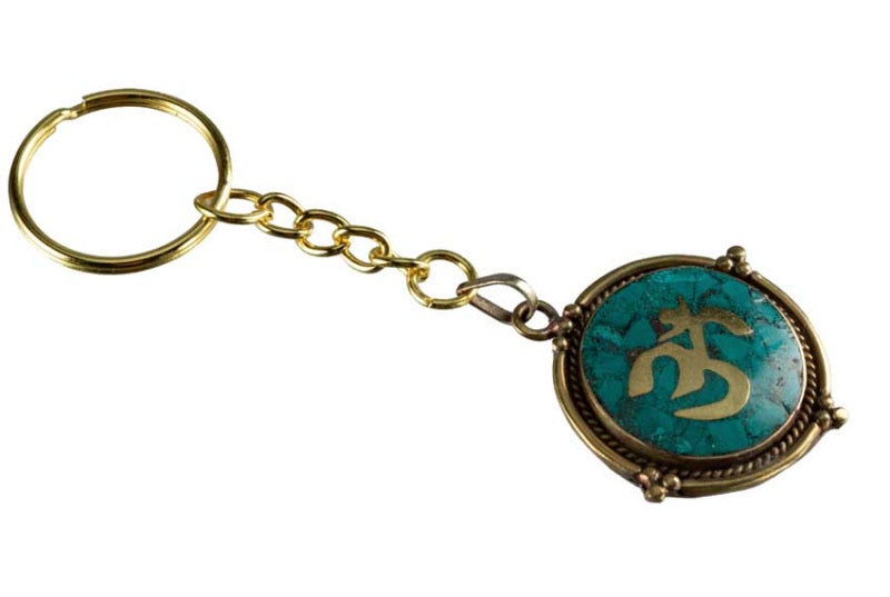 Porte-Clé Original Om Hindouiste en Cuivre et Résine Turquoise