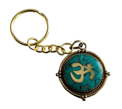 Porte-Clé Original Om Hindouiste en Cuivre et Résine Turquoise