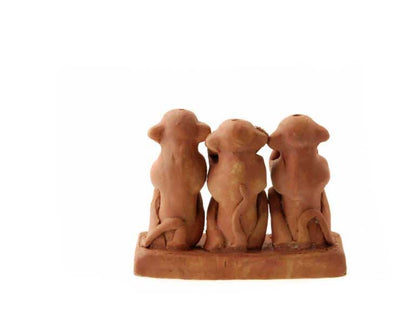 3 Singes De La Sagesse – Statuette En Terre Cuite Du Népal