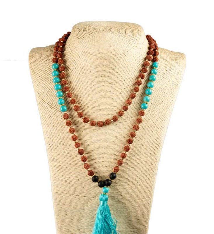 Sautoir Mala Tibétain En Rudraksha Avec Perles Turquoise Et Lave