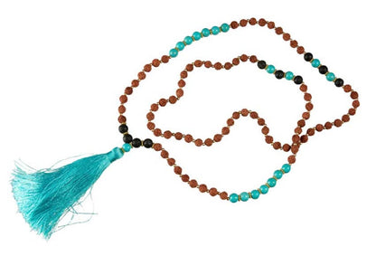 Sautoir Mala Tibétain En Rudraksha Avec Perles Turquoise Et Lave