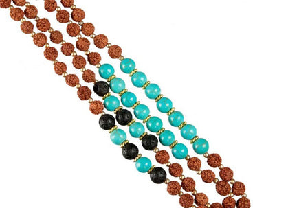 Sautoir Mala Tibétain En Rudraksha Avec Perles Turquoise Et Lave