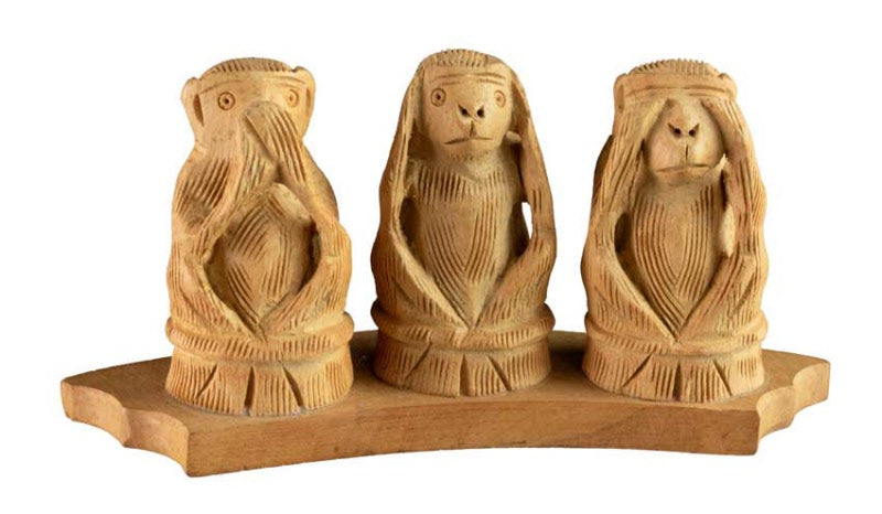 Statue 3 Singes De La Sagesse En Bois Sculpté – Artisanat Indien