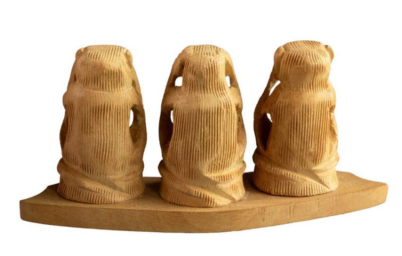 Statue 3 Singes De La Sagesse En Bois Sculpté – Artisanat Indien