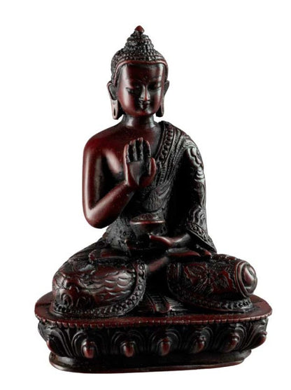 Statue Bouddha Amoghasiddhi Abhaya Mudra – Résine bordeaux artisanale du Népal 13,5 cm