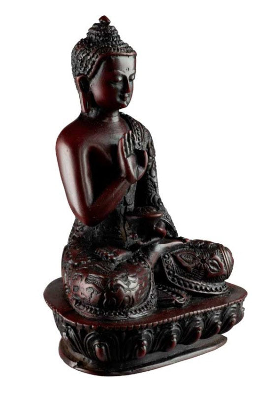 Statue Bouddha Amoghasiddhi Abhaya Mudra – Résine bordeaux artisanale du Népal 13,5 cm