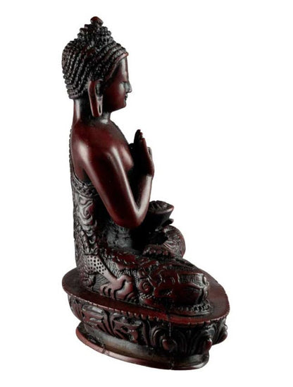 Statue Bouddha Amoghasiddhi Abhaya Mudra – Résine bordeaux artisanale du Népal 13,5 cm