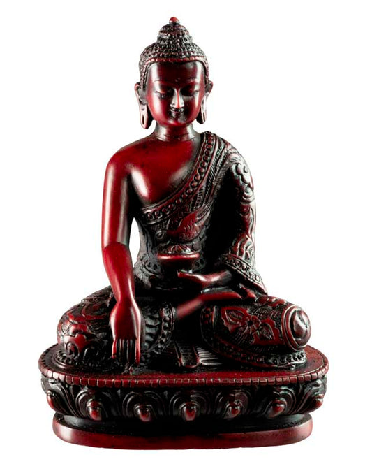 Statue Bouddha Sakyamuni Bhumisparsha Mudra – Artisanat népalais en résine bordeaux 13,5 cm