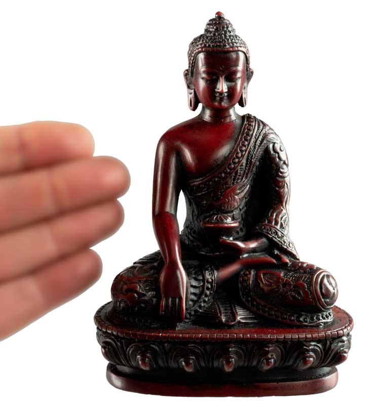 Statue Bouddha Sakyamuni Bhumisparsha Mudra – Artisanat népalais en résine bordeaux 13,5 cm