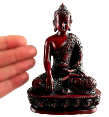 Statue Bouddha Sakyamuni Bhumisparsha Mudra – Artisanat népalais en résine bordeaux 13,5 cm