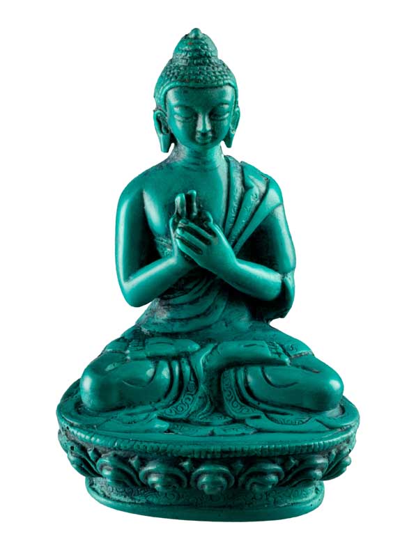 Statue Bouddha Vairocana Dharmachakra Mudra – Résine turquoise artisanale du Népal 11 cm