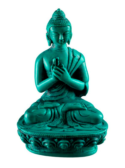 Statue Bouddha Vairocana Dharmachakra Mudra – Résine turquoise artisanale du Népal 11 cm