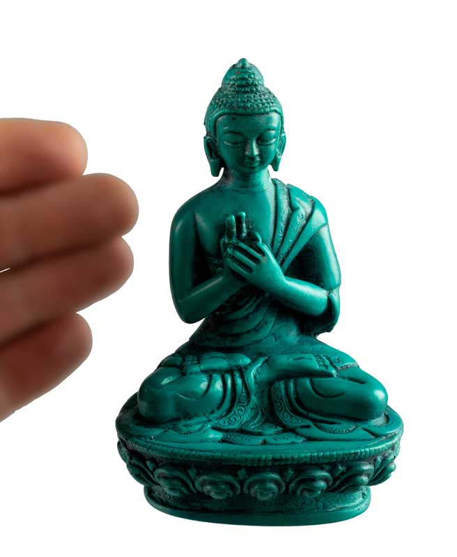 Statue Bouddha Vairocana Dharmachakra Mudra – Résine turquoise artisanale du Népal 11 cm