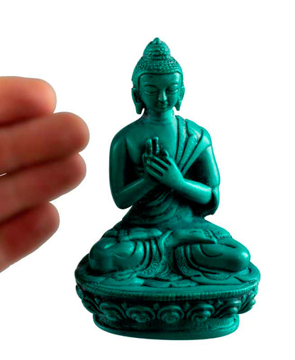 Statue Bouddha Vairocana Dharmachakra Mudra – Résine turquoise artisanale du Népal 11 cm