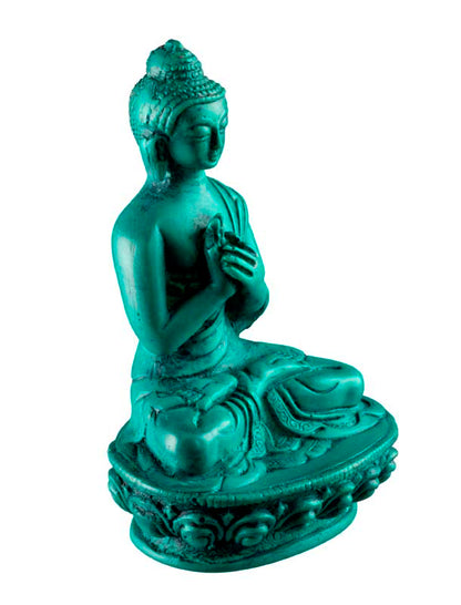 Statue Bouddha Vairocana Dharmachakra Mudra – Résine turquoise artisanale du Népal 11 cm