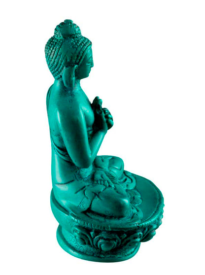 Statue Bouddha Vairocana Dharmachakra Mudra – Résine turquoise artisanale du Népal 11 cm