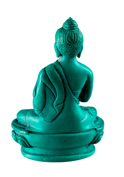 Statue Bouddha Vairocana Dharmachakra Mudra – Résine turquoise artisanale du Népal 11 cm