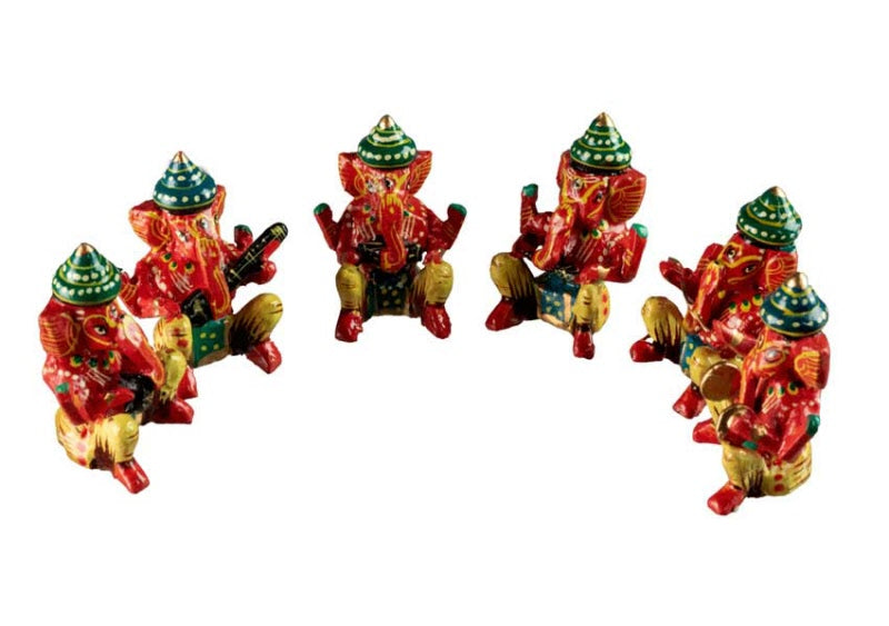 Set De 6 Statuettes Ganesh Musicien En Bois – Artisanat Indien