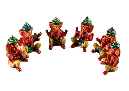 Set De 6 Statuettes Ganesh Musicien En Bois – Artisanat Indien