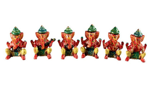 Set De 6 Statuettes Ganesh Musicien En Bois – Artisanat Indien