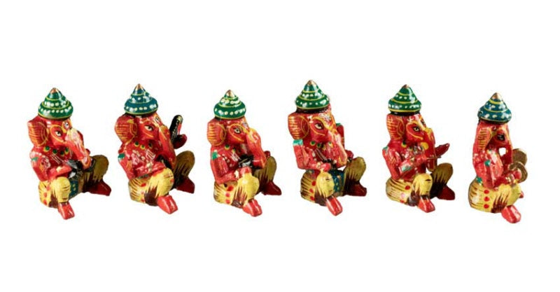 Set De 6 Statuettes Ganesh Musicien En Bois – Artisanat Indien