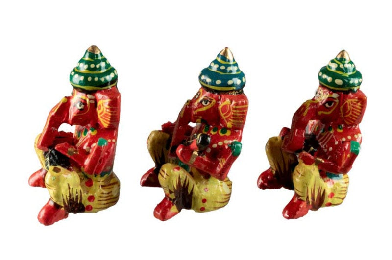 Set De 6 Statuettes Ganesh Musicien En Bois – Artisanat Indien