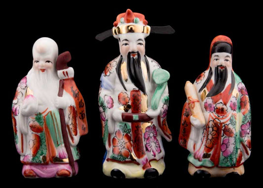 Trois Sages Dieux Chinois Fuk Luk Sau – Statuettes en Céramique