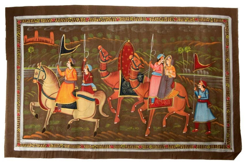 Peinture Rajput Miniature Indienne – Maharaja et Maharani à Dos de Chameau