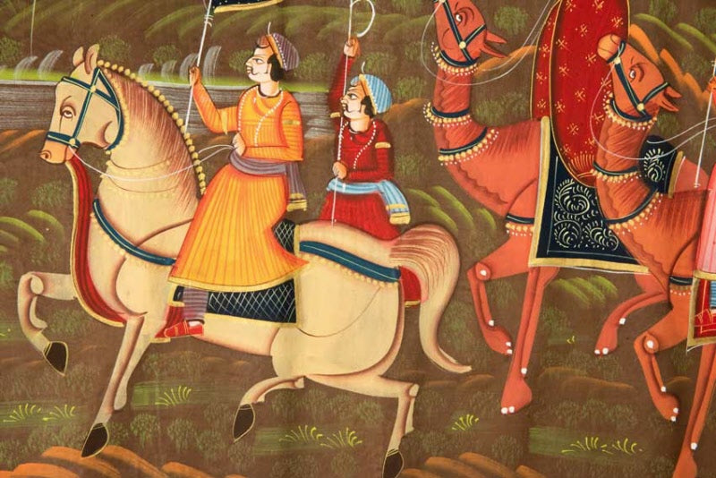 Peinture Rajput Miniature Indienne – Maharaja et Maharani à Dos de Chameau