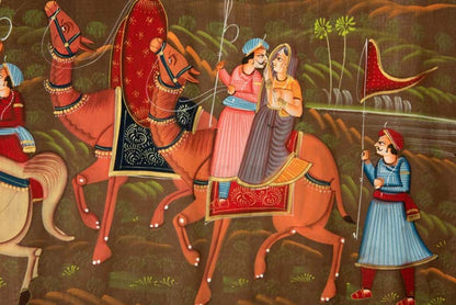 Peinture Rajput Miniature Indienne – Maharaja et Maharani à Dos de Chameau