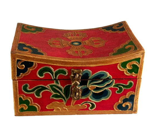 Boîte à bijoux en bois artisanale du Népal – coffret bouddhiste tibétain forme oreiller Double Vajra