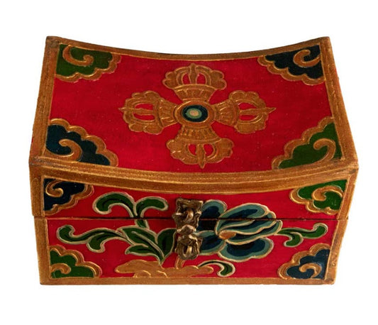 Boîte à bijoux en bois artisanale du Népal – coffret bouddhiste tibétain forme oreiller Double Vajra