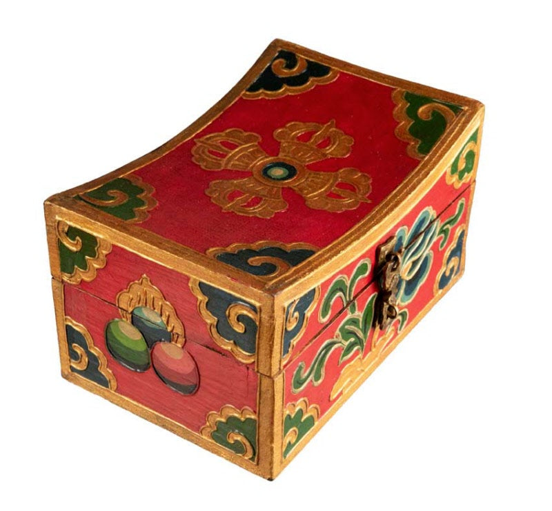 Boîte à bijoux en bois artisanale du Népal – coffret bouddhiste tibétain forme oreiller Double Vajra