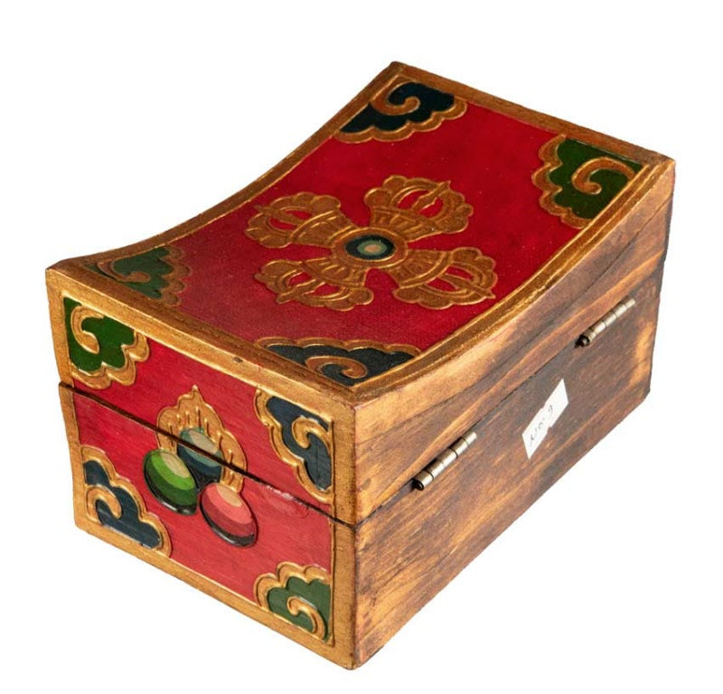 Boîte à bijoux en bois artisanale du Népal – coffret bouddhiste tibétain forme oreiller Double Vajra